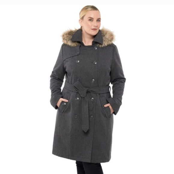 Alpine Swiss Gray Button-Up Coat with Fur-Trimmed Hood Size Large - Picture 1 of 14